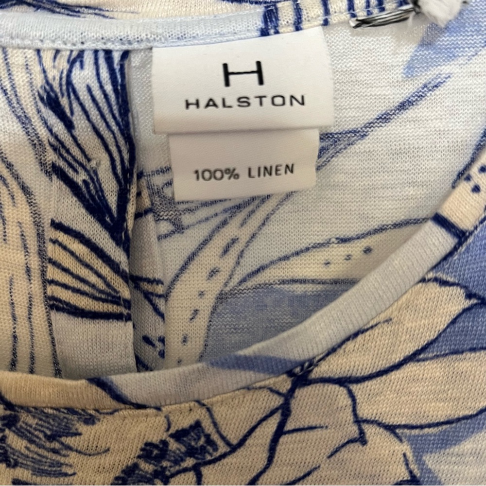 H HALSTON M 100% Linen Slub Knit Button back Top  Blue Beige Floral Women - Picture 7 of 8